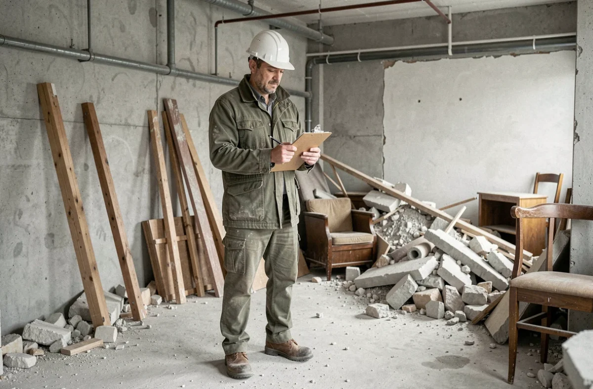 Professionnel de FMD BTP supervisant un chantier de débarras et déblaiement dans un bâtiment du Rhône