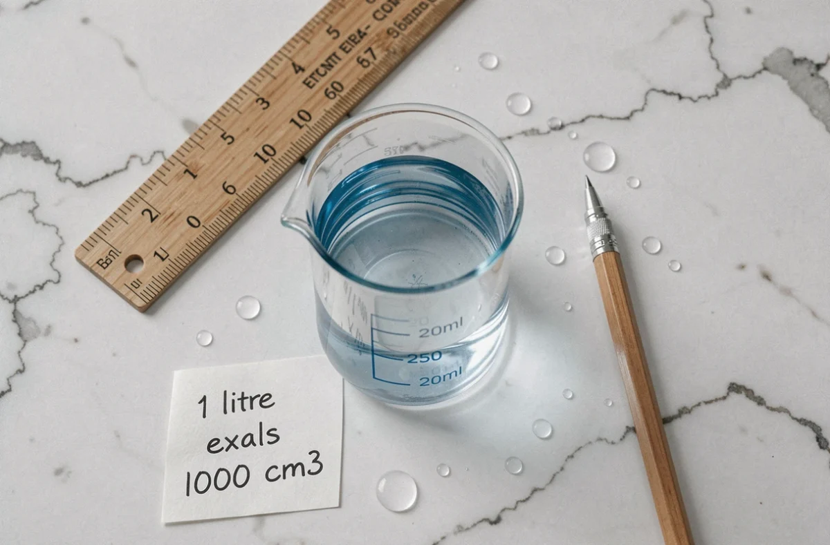 Vue de dessus d'un cylindre gradué avec la formule de conversion cm3 en litres écrite sur une carte posée sur un marbre blanc