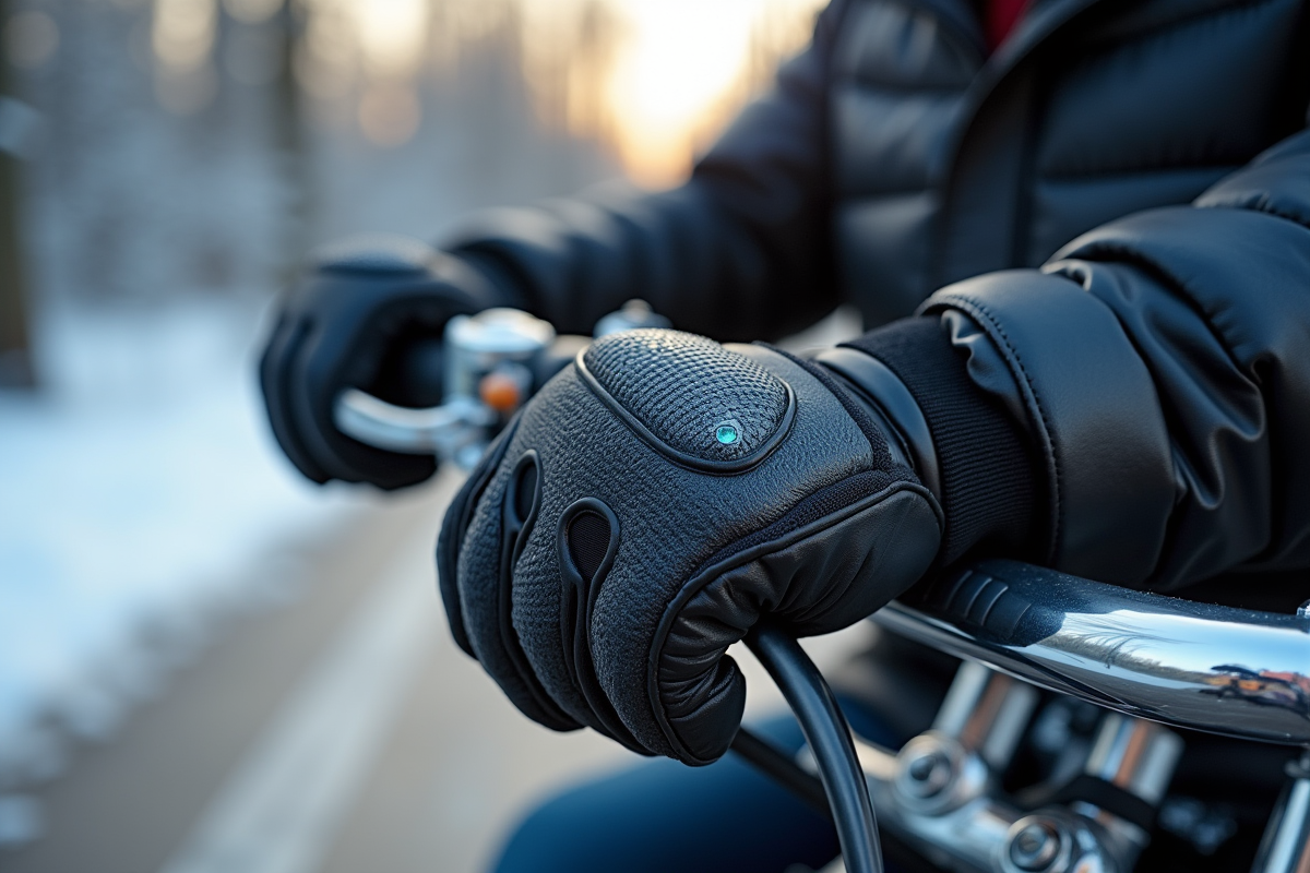 Gants moto hiver avancés en gros plan sur guidon chrome