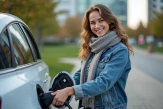 Voiture électrique moderne sur route avec paysage naturel en arrière-plan