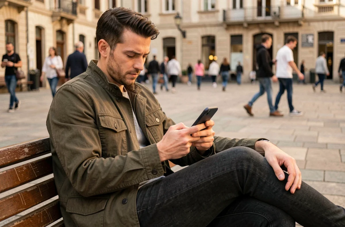 Jeune homme gérant son accès Govioz sur smartphone en milieu urbain