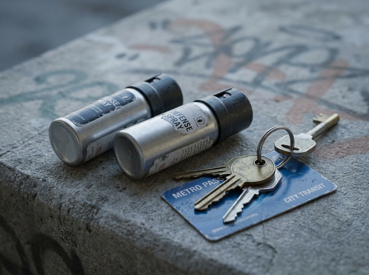 Gros plan sur des sprays de défense posés sur une surface en béton urbain avec des clés et une carte de transport, matériel de sécurité quotidien
