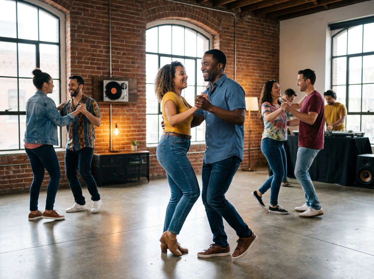 Groupe d'adultes en cours de salsa riant et dansant en couple, ambiance détendue favorisée par la musique en studio