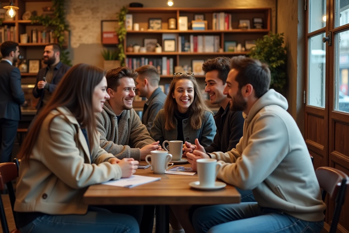 Groupe d'amis dans un café lyonnais convivial