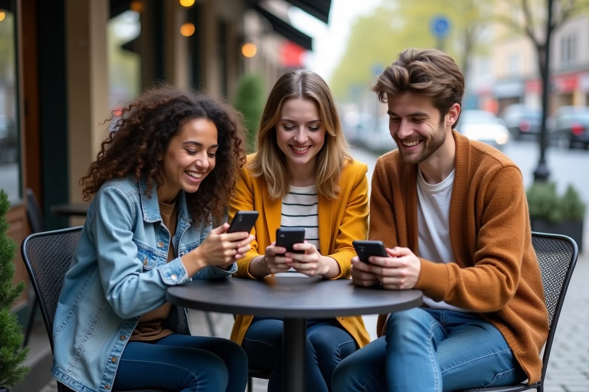 Groupe d'amis jouant ensemble à un jeu multijoueur mobile en terrasse de café en ville
