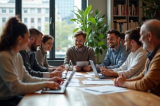 Groupe divers d'adultes en coworking moderne