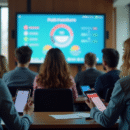 Groupe de personnes discutant dans une mairie moderne avec écran digital