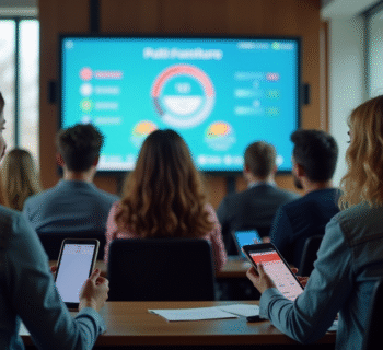 Groupe de personnes discutant dans une mairie moderne avec écran digital