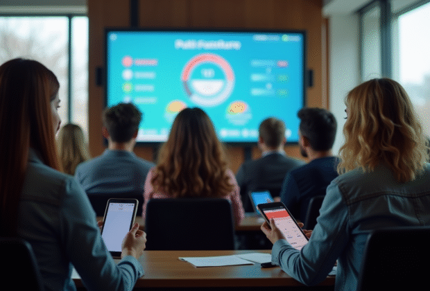 Groupe de personnes discutant dans une mairie moderne avec écran digital