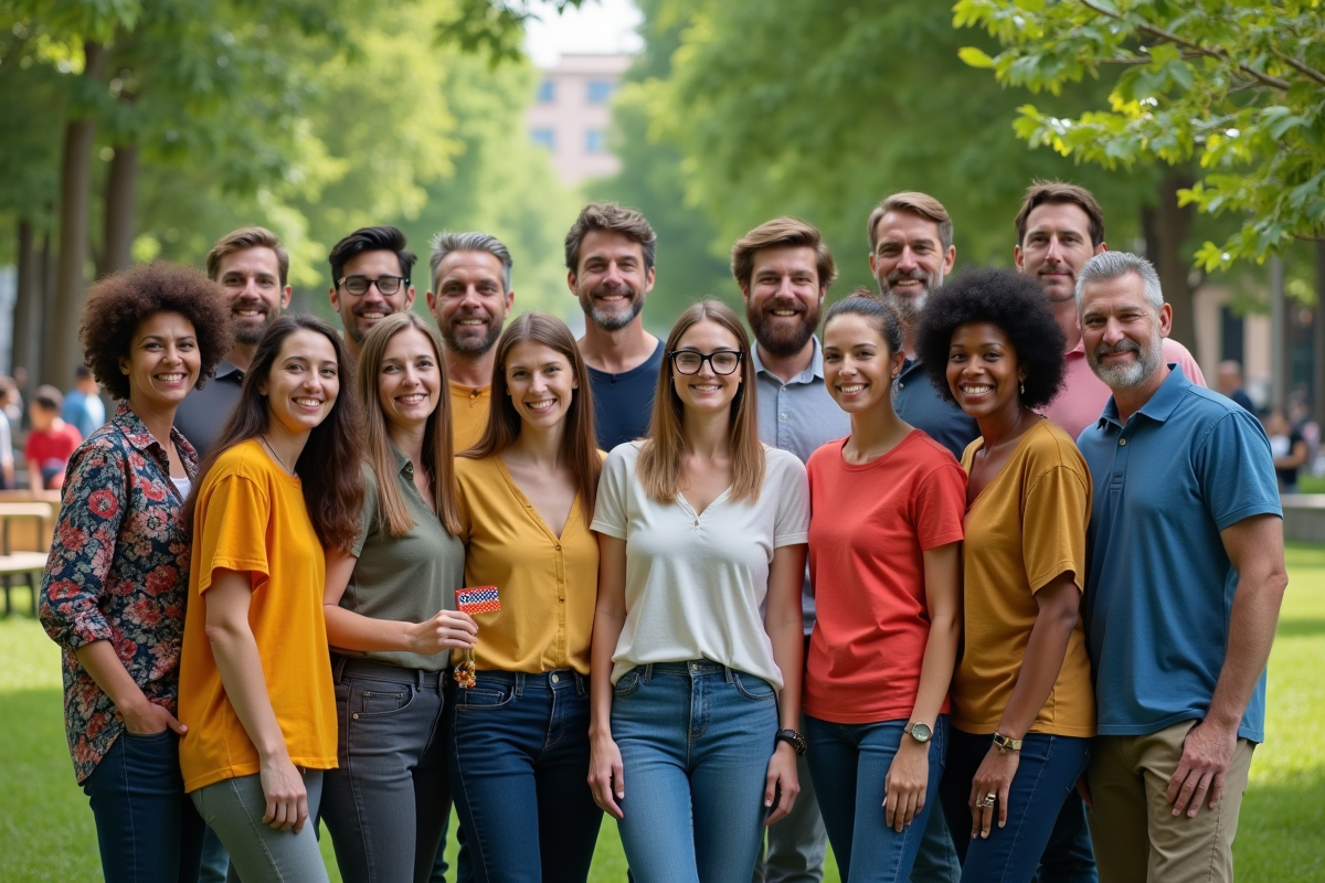 Groupe divers d'adultes unis dans un parc en plein air