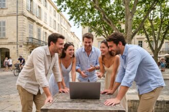 Groupe de jeunes adultes autour d'un café à Montpellier