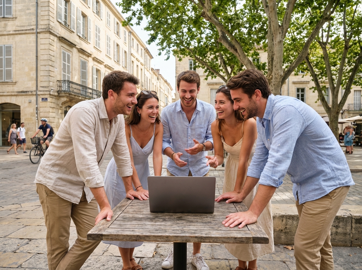 Groupe de jeunes adultes autour d'un café à Montpellier