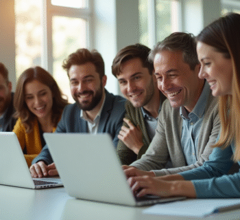 Groupe diversifié utilisant un ordinateur dans un bureau lumineux