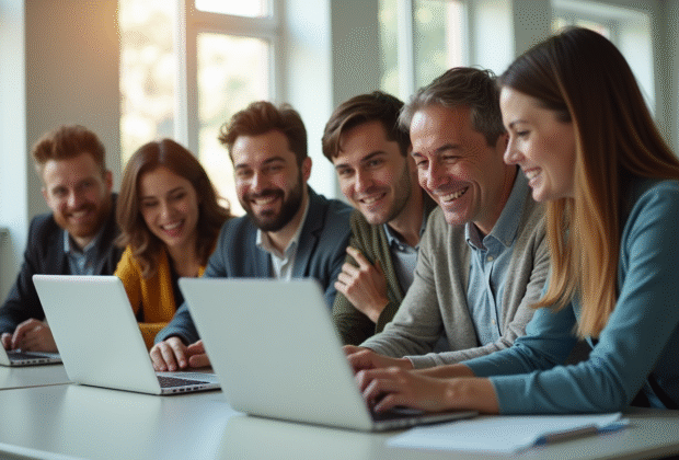 Groupe diversifié utilisant un ordinateur dans un bureau lumineux