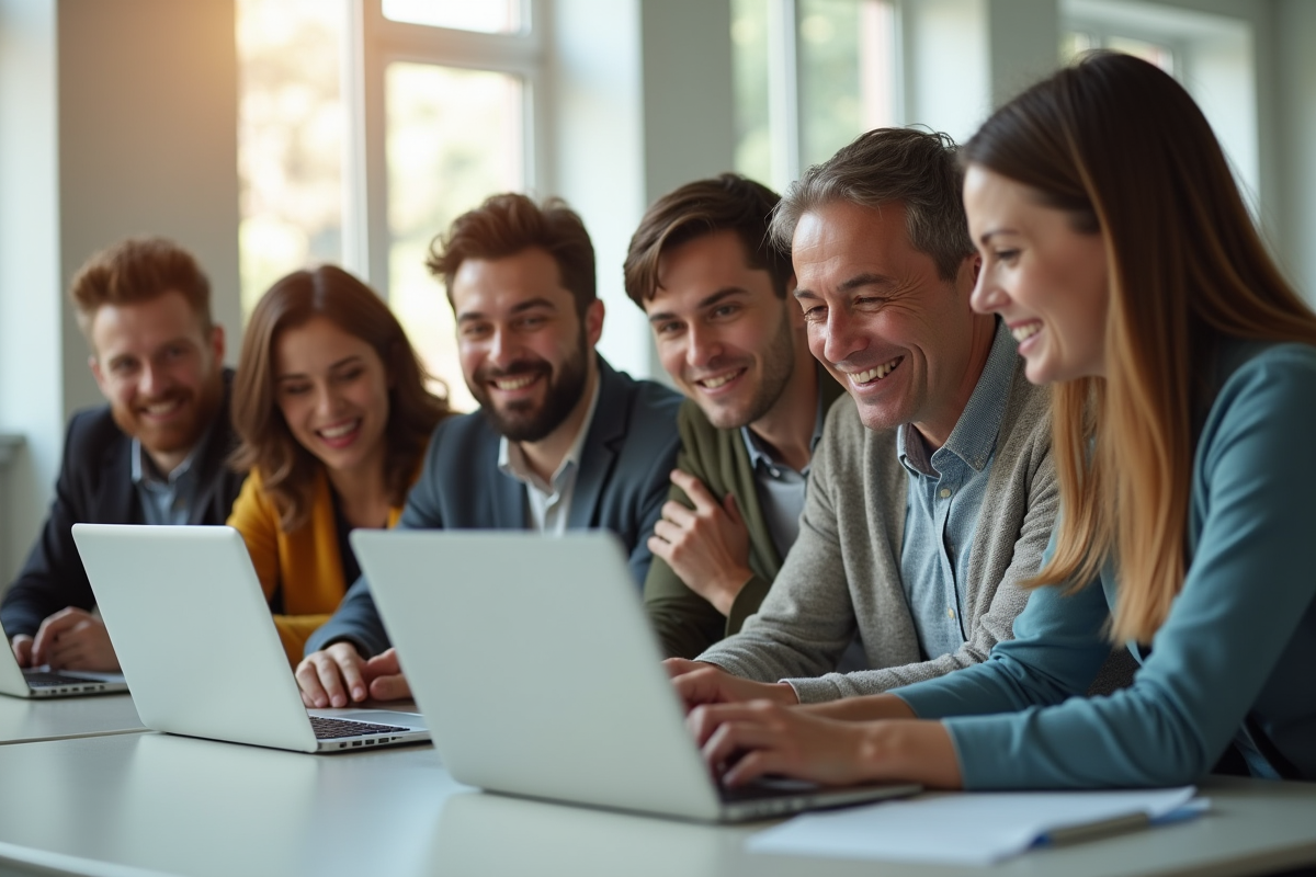 Groupe diversifié utilisant un ordinateur dans un bureau lumineux