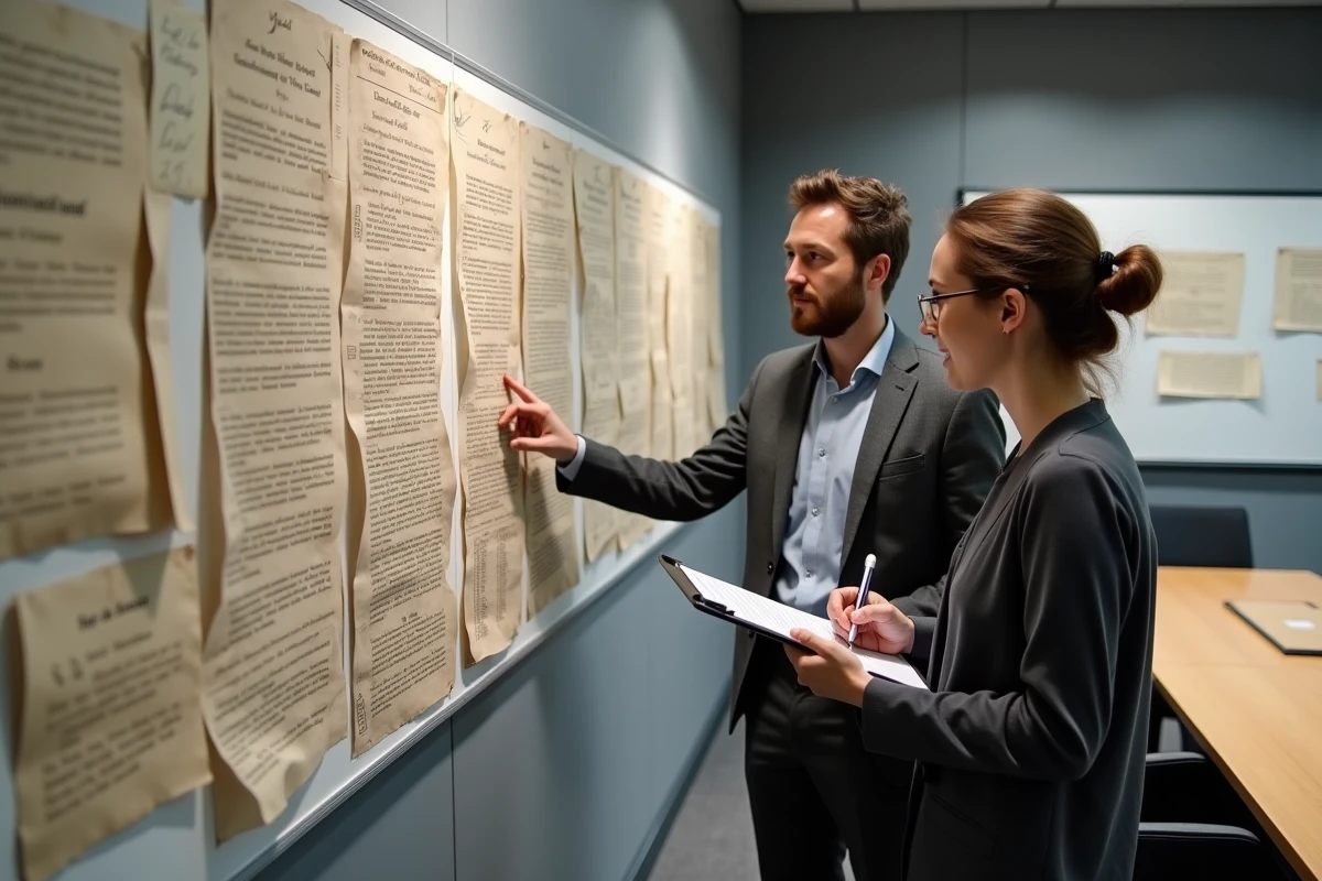 Deux historiens du droit collaborant sur des documents juridiques anciens lors d'un atelier de recherche académique