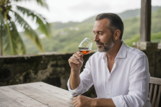 Homme dégustant un rhum ambré dans un cadre tropical