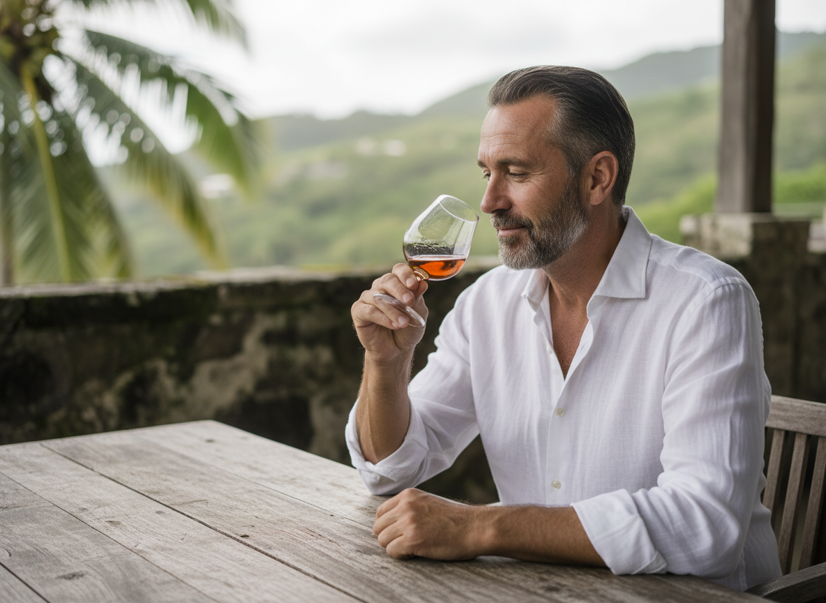 Homme dégustant un rhum ambré dans un cadre tropical