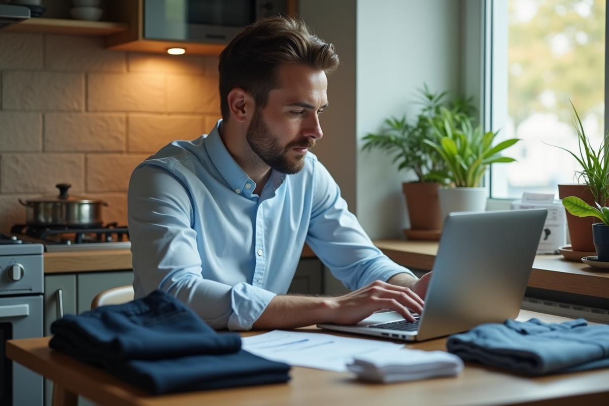 Jeune homme planifiant ses dépenses avec un ordinateur