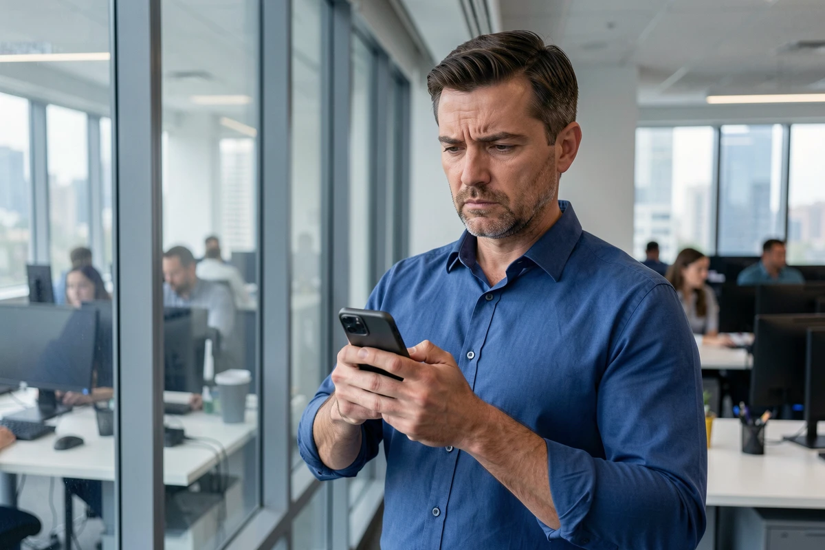 Homme en bureau recevant un appel téléphonique d'un numéro inconnu avec une expression méfiante
