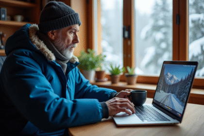 Homme d'âge moyen vérifiant webcam Bessat dans son bureau