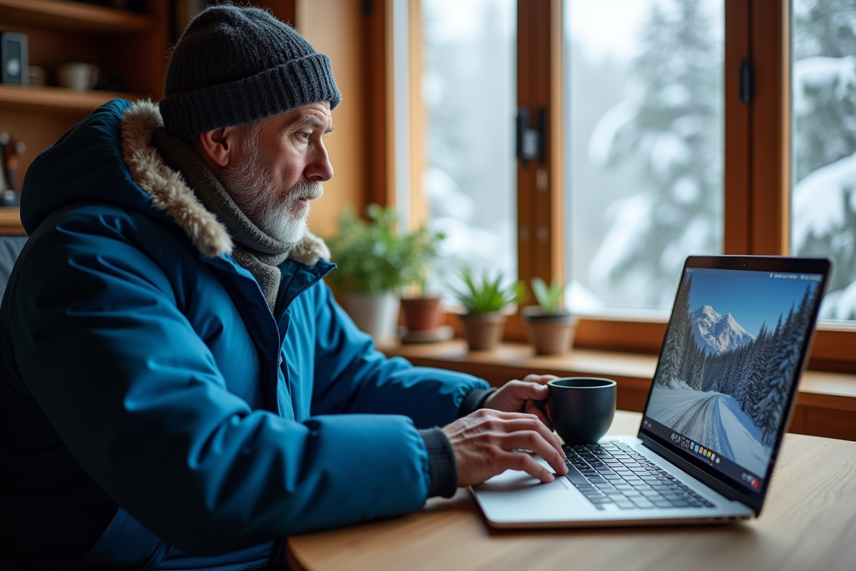 Homme d'âge moyen vérifiant webcam Bessat dans son bureau