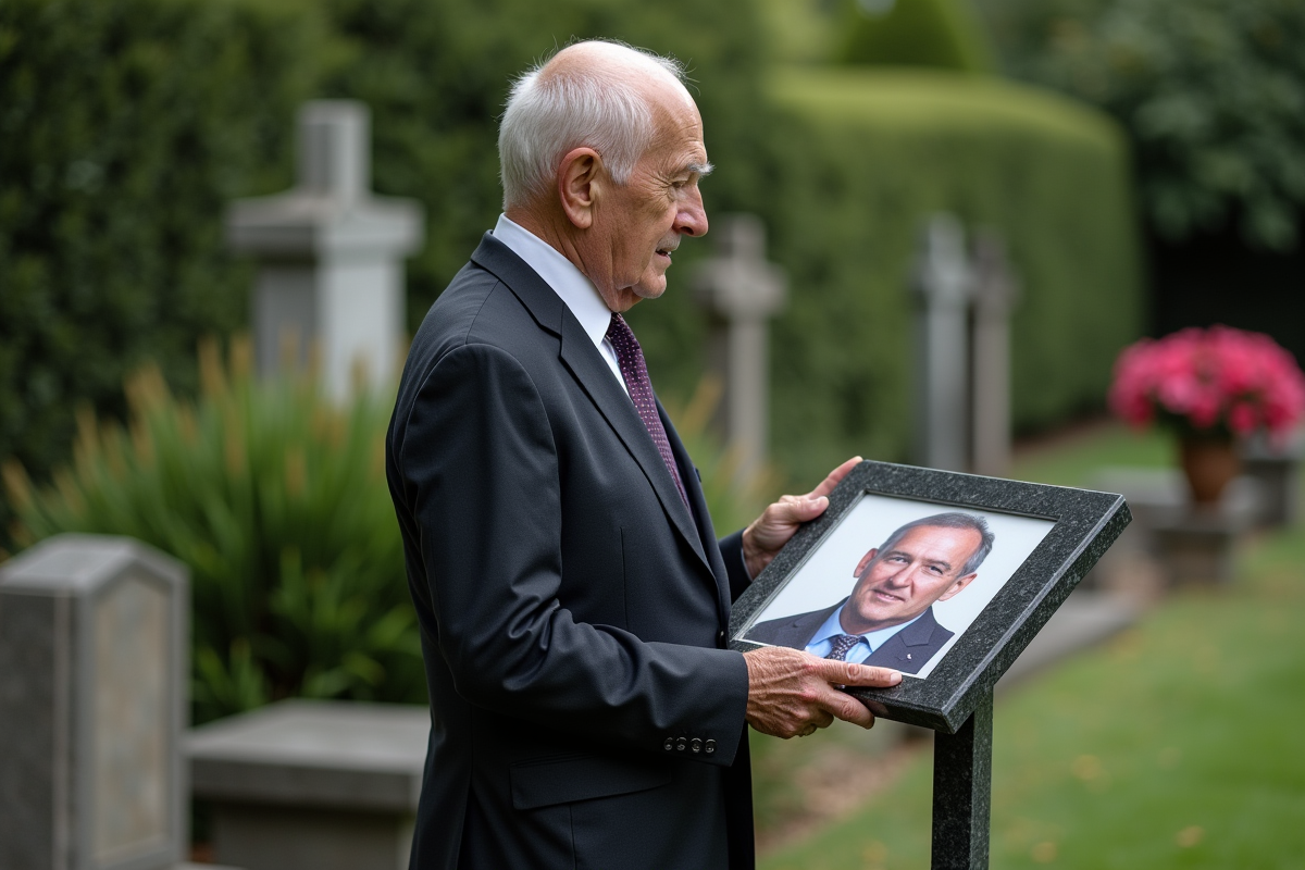 Homme âgé regardant une plaque commémorative dans un jardin