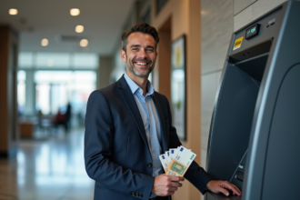 Homme souriant dépose de l'argent dans un ATM moderne