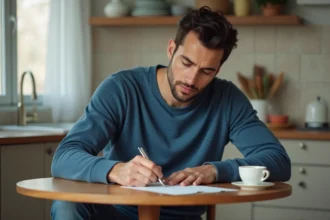 Homme écrit une note d'amour dans la cuisine chaleureuse