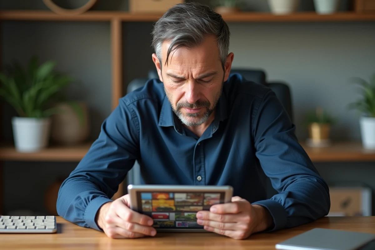 Homme concentré cherchant la solution d'une énigme journalière 4 Images 1 Mot 9 lettres sur tablette