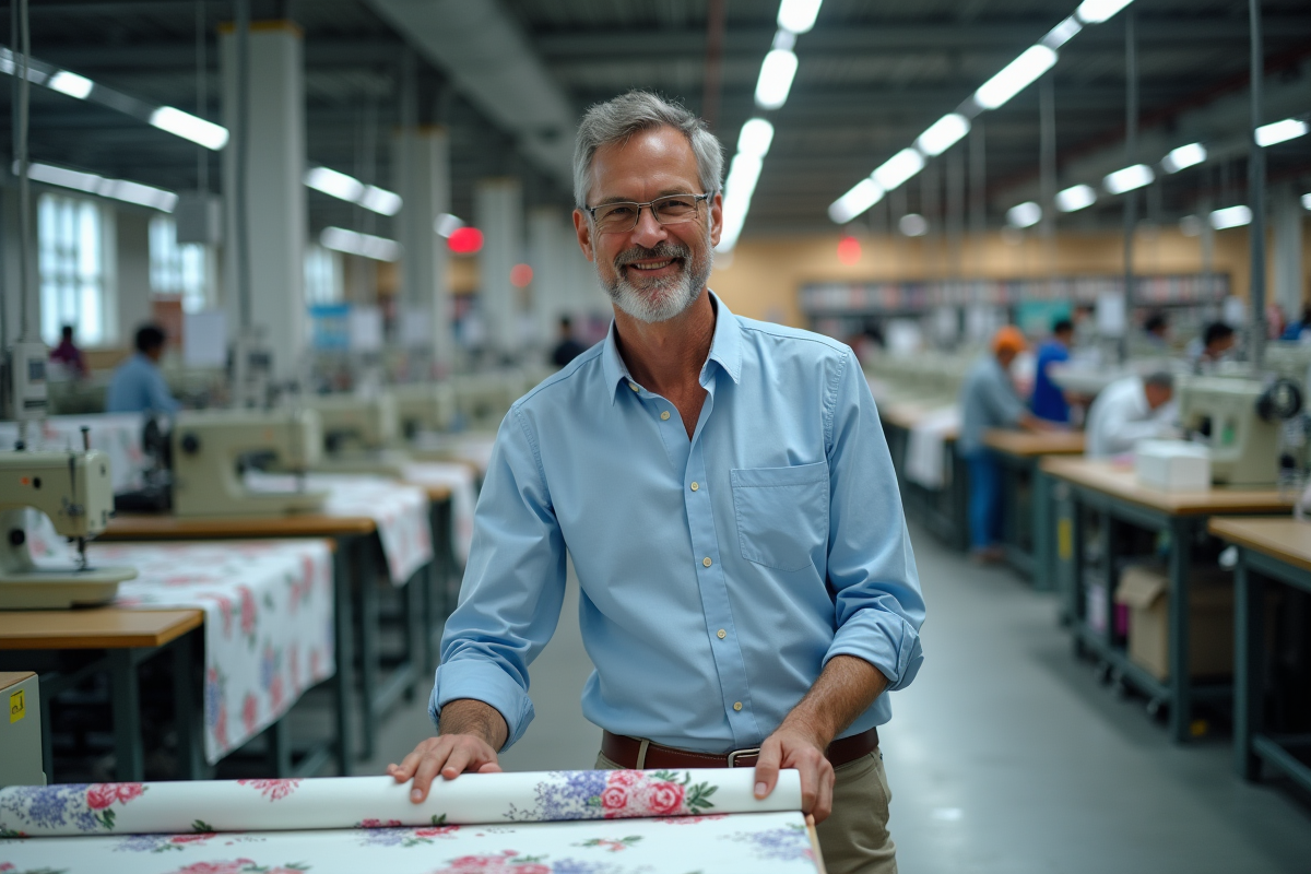 Homme inspectant des rouleaux de tissu dans une usine textile