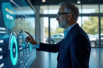 Homme d'affaires en costume bleu interagissant avec un tableau de bord électrique