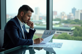 Homme d'affaires en costume bleu dans un bureau moderne