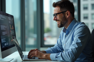 Homme d'âge moyen souriant en naviguant sur un ordinateur moderne