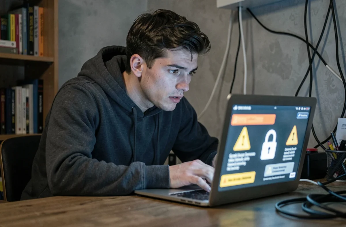 Homme regardant un écran d'ordinateur affichant des alertes de sécurité liées à un site de leaks