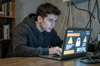 Homme regardant un écran d'ordinateur affichant des alertes de sécurité liées à un site de leaks