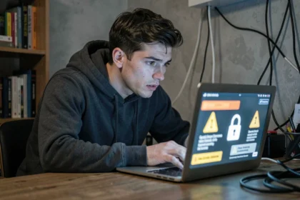 Homme regardant un écran d'ordinateur affichant des alertes de sécurité liées à un site de leaks
