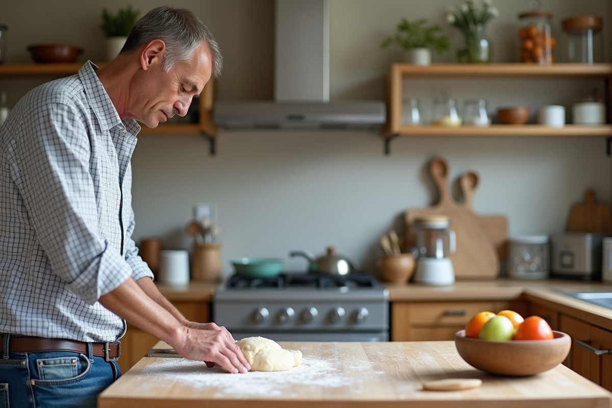 Homme en jeans façonne du pain dans une cuisine lumineuse