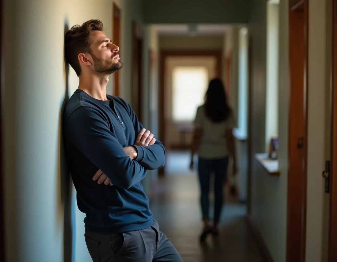 Homme pensif appuyé contre un mur dans un couloir après une dispute, femme qui s'éloigne en arrière-plan