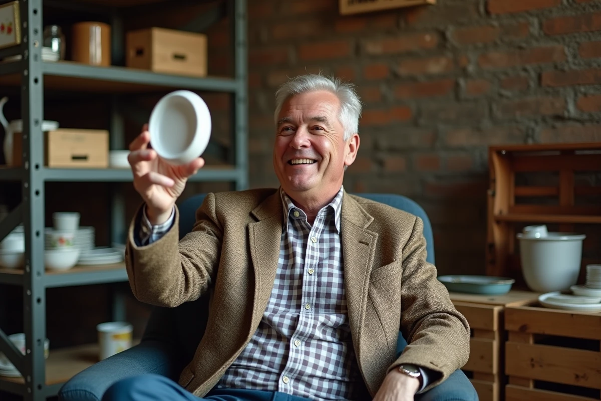 Homme souriant inspectant une assiette en porcelaine vintage