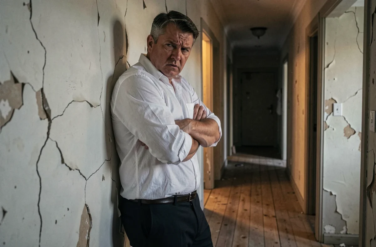 Homme debout dos au mur dans un couloir vieilli, bras croisés et regard vers le sol, portrait émotionnel illustrant la rage et la tristesse face à l'incapacité de pardonner