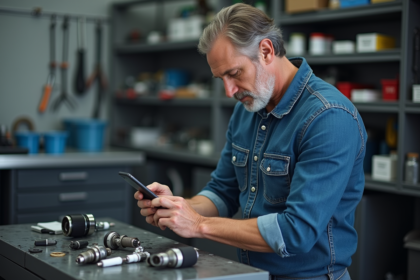Homme en jeans examine des pièces auto avec application