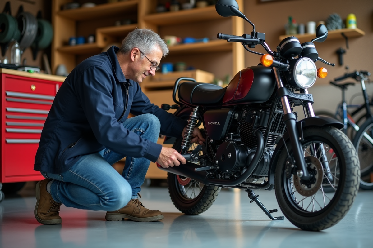 Homme d'âge moyen réajuste une moto Honda dans un garage