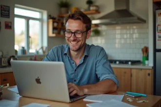 Homme assis à la cuisine en regardant un site satirique