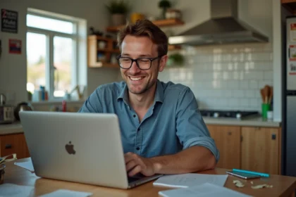 Homme assis à la cuisine en regardant un site satirique