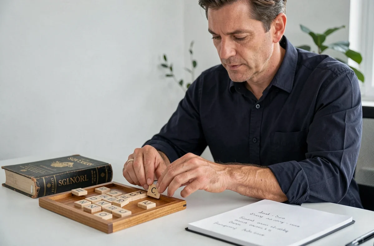 Homme analysant des lettres de Scrabble avec un dictionnaire et des notes stratégiques sur un bureau moderne