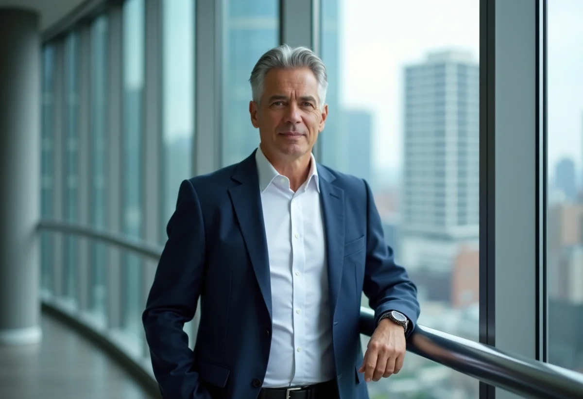 Homme d'âge moyen en costume bleu dans un bureau moderne