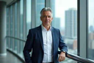 Homme d'âge moyen en costume bleu dans un bureau moderne