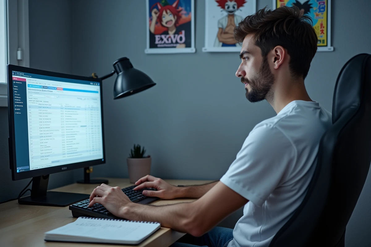 Homme organisant son agenda d'épisodes anime sur ordinateur avec un planificateur physique dans un bureau à domicile