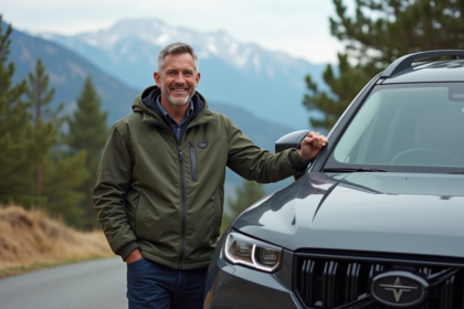 Homme d'âge moyen souriant près d'un SUV en montagne